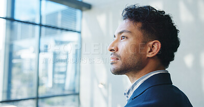 Buy stock photo Thinking, employee and man with vision, office or bookkeeper with ideas for business growth or plan. Space, accountant and person with ambition for career development, opportunity and reflection