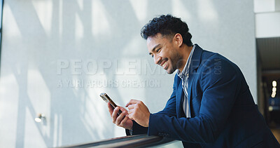 Buy stock photo Happy, man and online with smartphone, balcony or property listing update on website, info or mockup. Typing, message and realtor with mobile, person and schedule on social media, texting and space