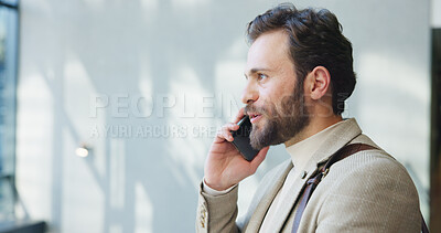 Buy stock photo Conversation, office or man with phone call by window for client lawsuit, settlement agreement or trial update. Communication, trust or lawyer with tech for legal advice, case strategy or instruction