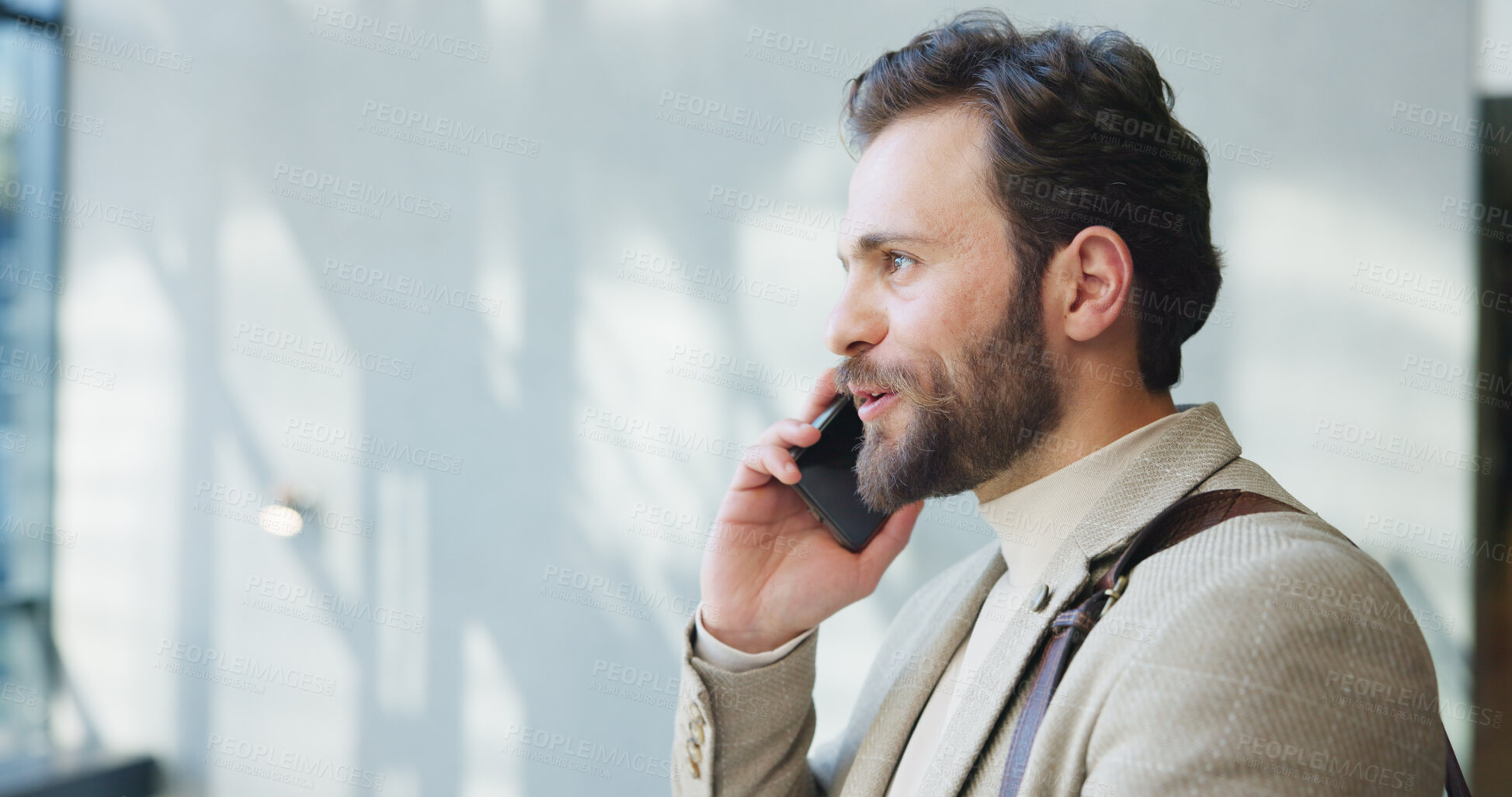 Buy stock photo Conversation, office or man with phone call by window for client lawsuit, settlement agreement or trial update. Communication, trust or lawyer with tech for legal advice, case strategy or instruction