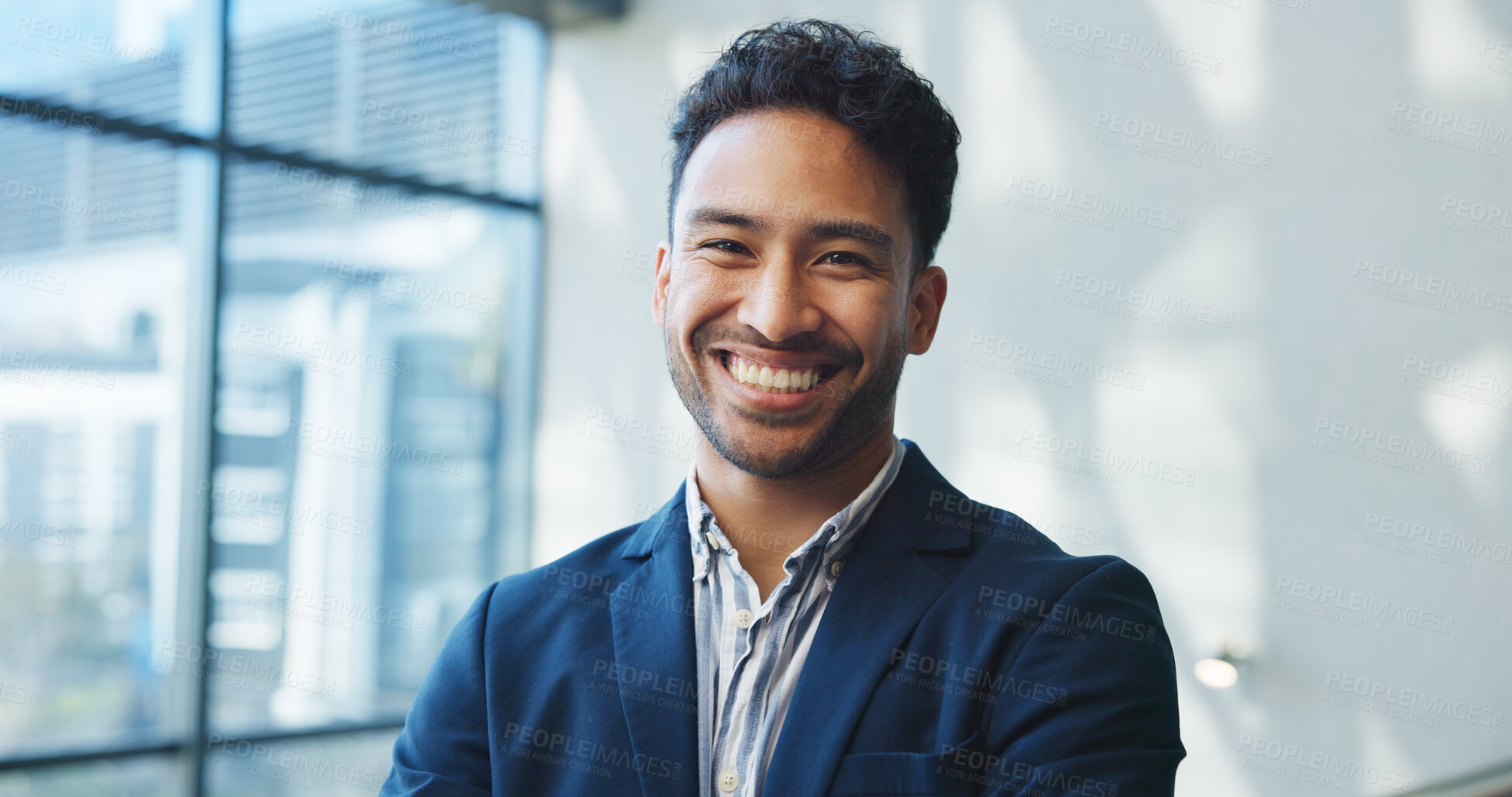 Buy stock photo Portrait, confident and man with smile, office and accountant with career development and ambitious. Corporate, finance and Asian person with pride, positive attitude and job opportunity in Japan