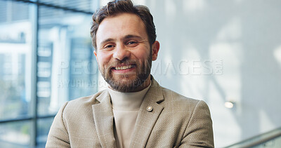 Buy stock photo Portrait, happy and business man at law firm for client lawsuit, legal advice and justice. Court trial, space and employment lawyer with smile, company representation and dispute resolution for case