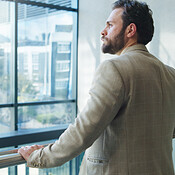 Thinking, employee and man with ambition, office or ideas for business ...