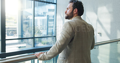 Buy stock photo Thinking, employee and man with ambition, office or ideas for business growth, serious or corporate. Reflection, accountant and person with vision for career development, opportunity and wonder