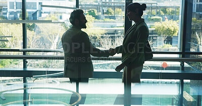 Buy stock photo Handshake, meeting and business people in lobby for teamwork, consulting and b2b networking. Corporate, professional and workers shaking hands for collaboration, partnership and greeting in office