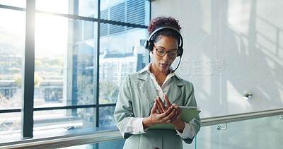 Buy stock photo Business, woman and tablet with headset for virtual assistant, communication or help at office. Reading, information or receptionist with tech support, schedule appointment or networking in workplace