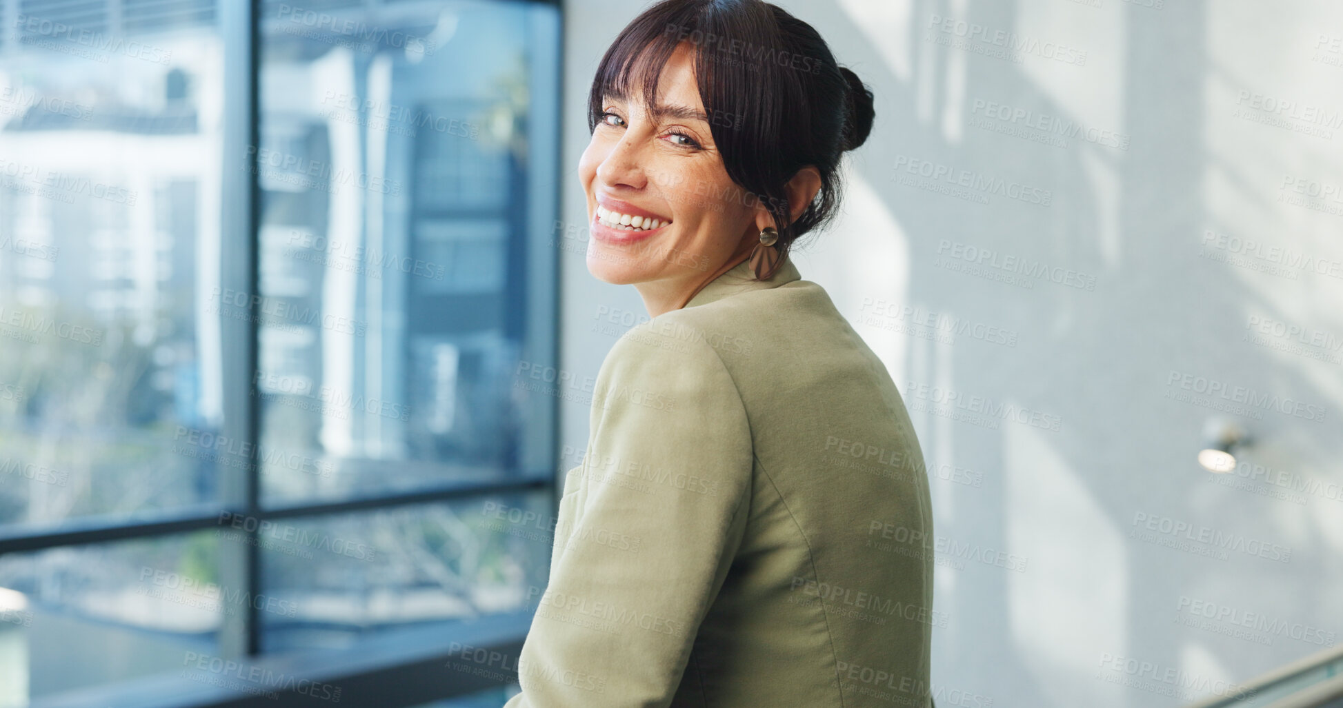 Buy stock photo Portrait, mature and woman with smile at law firm for client support, legal advice or justice. Court trial, happy or employment lawyer with space dispute resolution or lawsuit representation for case