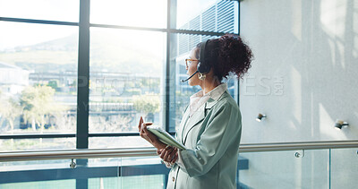 Buy stock photo Headset, lobby and business woman with tablet for online admin, virtual assistance and contact. Corporate, professional and person on digital tech talking for client schedule, agenda and planning