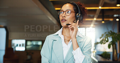 Buy stock photo Business woman, phone call and agent at callcenter for communication, contact us or help desk office. Advice, support or consultant in conversation with client, telecom and headset for customer care