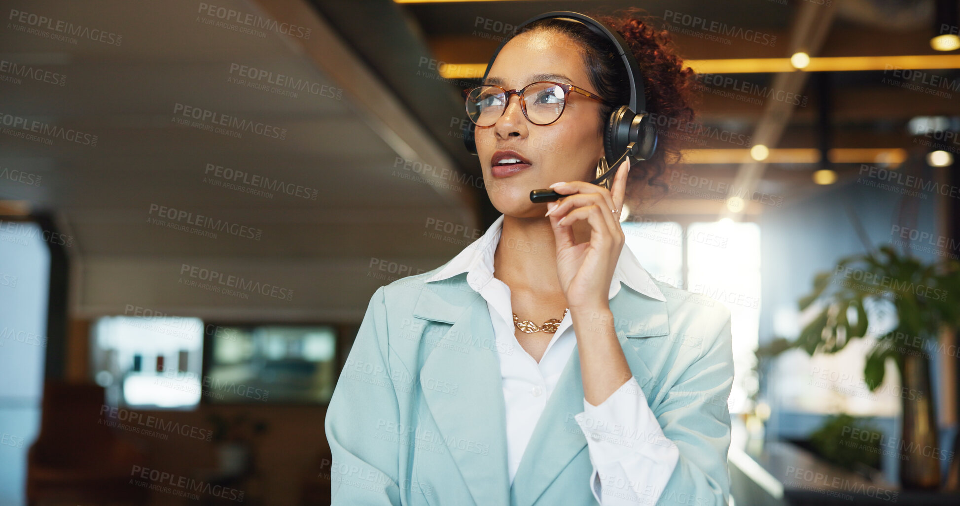 Buy stock photo Business woman, phone call and agent at callcenter for communication, contact us or help desk office. Advice, support or consultant in conversation with client, telecom and headset for customer care