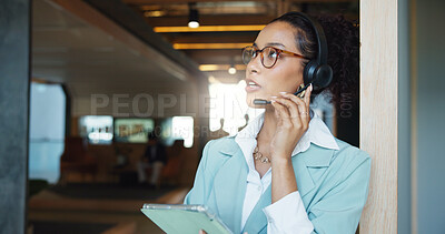 Buy stock photo Business, woman and phone call with tablet, headset and virtual assistant for communication or help at office. Mic, receptionist and tech support with appointment schedule or networking in workplace