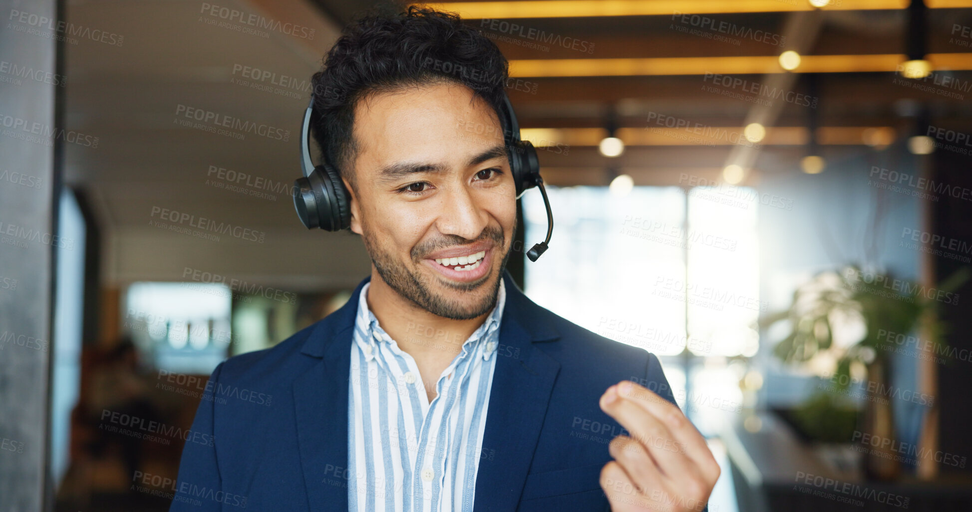 Buy stock photo Business man, phone call and agent at callcenter for communication, contact us or help desk office. Advice, support or consultant in conversation with client, telecom and headset for customer care