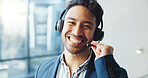 Business, man and smile in portrait with headset for virtual assistant, communication or help at office. Mic, happy or receptionist with tech support, schedule appointment or networking in workplace