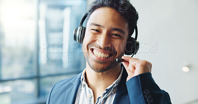 Buy stock photo Business, man and smile in portrait with headset for virtual assistant, communication or help at office. Mic, happy or receptionist with tech support, schedule appointment or networking in workplace