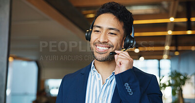 Buy stock photo Business man, phone call or consultant at callcenter for communication, contact us or help desk office. Advice, support or agent in conversation with client, telecom and headset mic for customer care