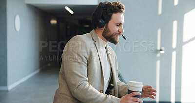 Buy stock photo Headset, lobby and business man talking for online conversation, investment client and contact. Corporate, finance advisor and person with coffee for negotiation, financial insights and planning