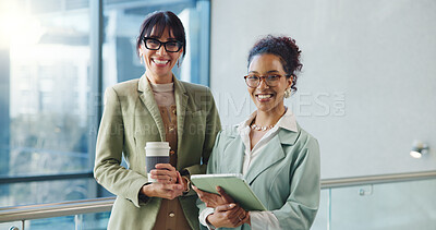 Buy stock photo Portrait, mentor and women in office with tablet, skill growth and support in corporate job. Smile, marketing director and intern in agency with tech, coaching and goals in career development.