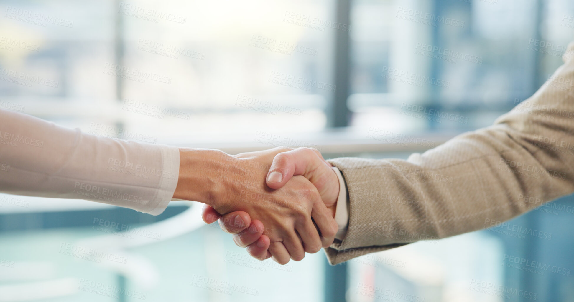 Buy stock photo Handshake, lobby and hands of business people in office for teamwork, consulting and b2b networking. Corporate, professional and workers greeting for collaboration, partnership contract and welcome