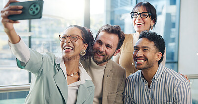Buy stock photo Selfie, happy and business people in office for social media, teamwork and about us. Startup, creative agency and men with women with profile picture for company website, update and online post