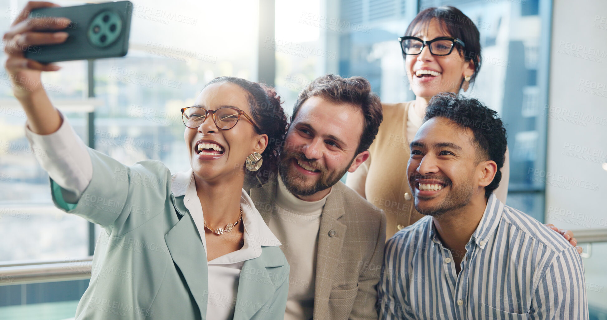 Buy stock photo Selfie, happy and business people in office for social media, teamwork and about us. Startup, creative agency and men with women with profile picture for company website, update and online post
