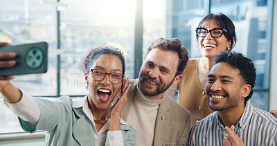 Buy stock photo Selfie, happy and business people in office with smile for social media, teamwork and about us. Startup, creative agency and men with women with profile picture for company website, update and post