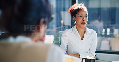 Buy stock photo Meeting, planning and businesswoman in office with team for finance report with company budget. Discussion, collaboration and financial manager with advisors for investment proposal in workplace.