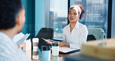 Buy stock photo Discussion, planning and businesswoman in office with team for finance report with company budget. Meeting, collaboration and financial manager with advisors for investment proposal in workplace