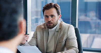 Buy stock photo Business, proposal or man in meeting with document, research report or investment opportunity. Planning, solution or person in office with paperwork, problem solving or ideas pitch for company growth