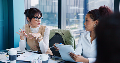 Buy stock photo Business woman, meeting or discussion with team in office for company report, analysis or project. Female person, employee or group with paperwork for brainstorming, planning or proposal in workplace