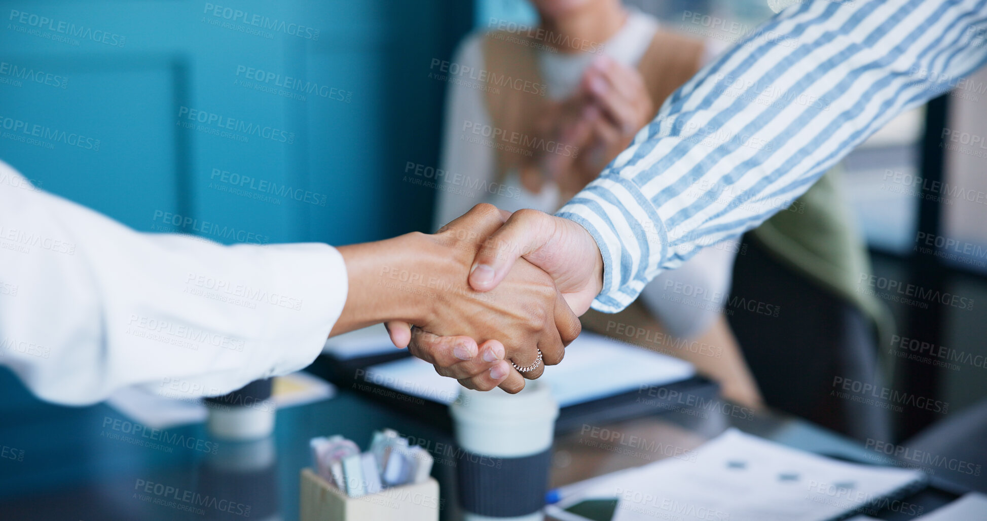 Buy stock photo Business people, meeting or partnership with handshake for b2b, collaboration or teamwork in office. Employees, colleagues or shaking hands with group for deal, introduction or agreement in workplace
