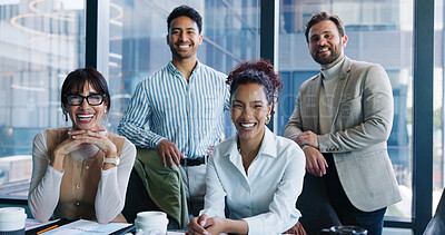 Buy stock photo Business people, team and portrait with smile at meeting, office and collaboration at insurance company. Women, men and happy with group, synergy and excited for risk management career at agency