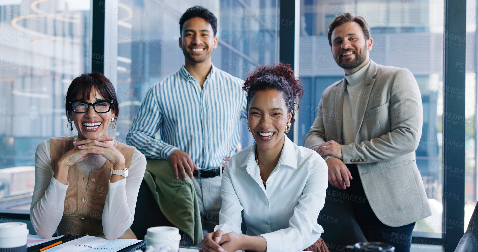 Buy stock photo Business people, team and portrait with smile at meeting, office and collaboration at insurance company. Women, men and happy with group, synergy and excited for risk management career at agency