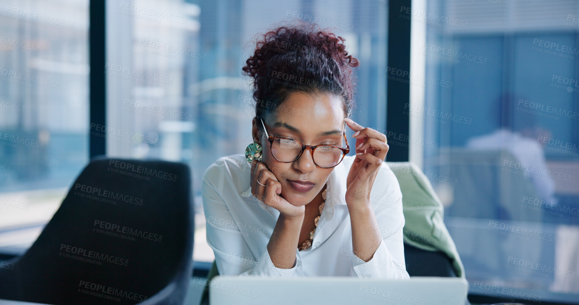 Buy stock photo Woman, laptop and thinking at office with report, decision or market research at investment agency. Person, broker or financial advisor with computer, review and perspective with feedback at company