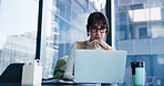 Woman, laptop and thinking at office with review, decision or market research at investment agency. Person, broker or financial advisor with computer, insight and perspective with feedback at company
