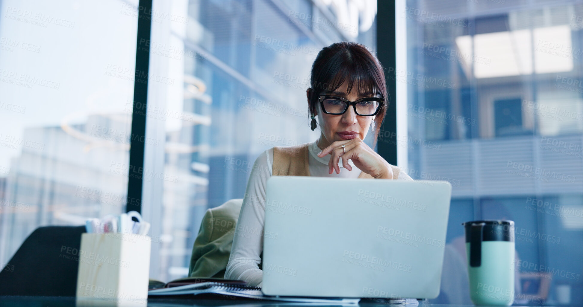 Buy stock photo Woman, laptop and thinking at office with review, decision or market research at investment agency. Person, broker or financial advisor with computer, insight and perspective with feedback at company