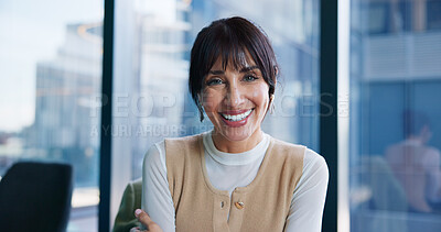 Buy stock photo Business, woman and happy with portrait in office for editorial work, project management or pride. About us, publisher and confidence at magazine agency for job promotion, journalism career or growth