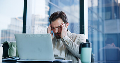 Buy stock photo Businessman, laptop and headache with stress in office for corporate bankruptcy, debt or pressure. Man, employee or accountant with anxiety or migraine on computer for financial crisis in workplace