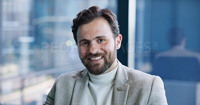 Buy stock photo Happy, office and portrait of business man with smile for financial career, job and opportunity. Corporate, professional and person with confidence for investment advisor, finance consultant or pride