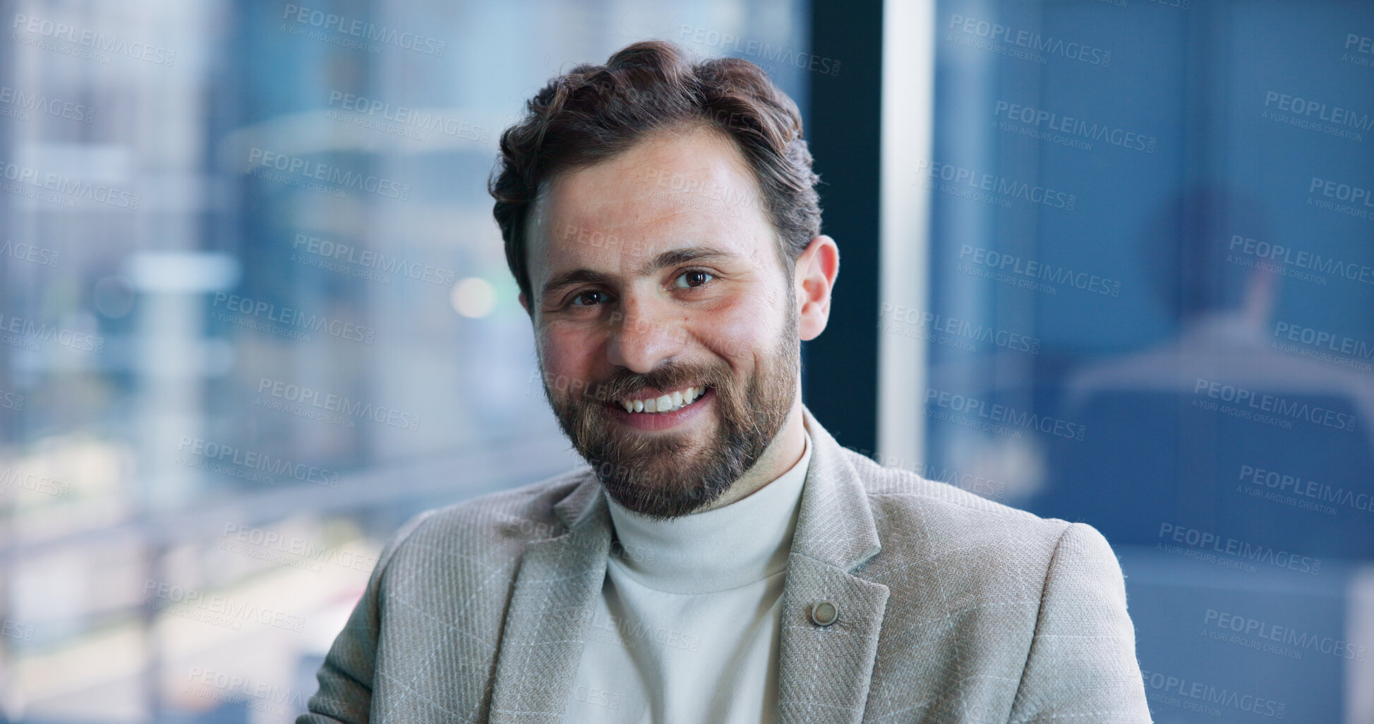 Buy stock photo Happy, office and portrait of business man with smile for financial career, job and opportunity. Corporate, professional and person with confidence for investment advisor, finance consultant or pride