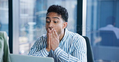 Buy stock photo Shock, worry and business man on laptop with online mistake, error and failure in office. Professional, corporate and worker with omg, stress and surprise for crisis, problem and bad news on computer