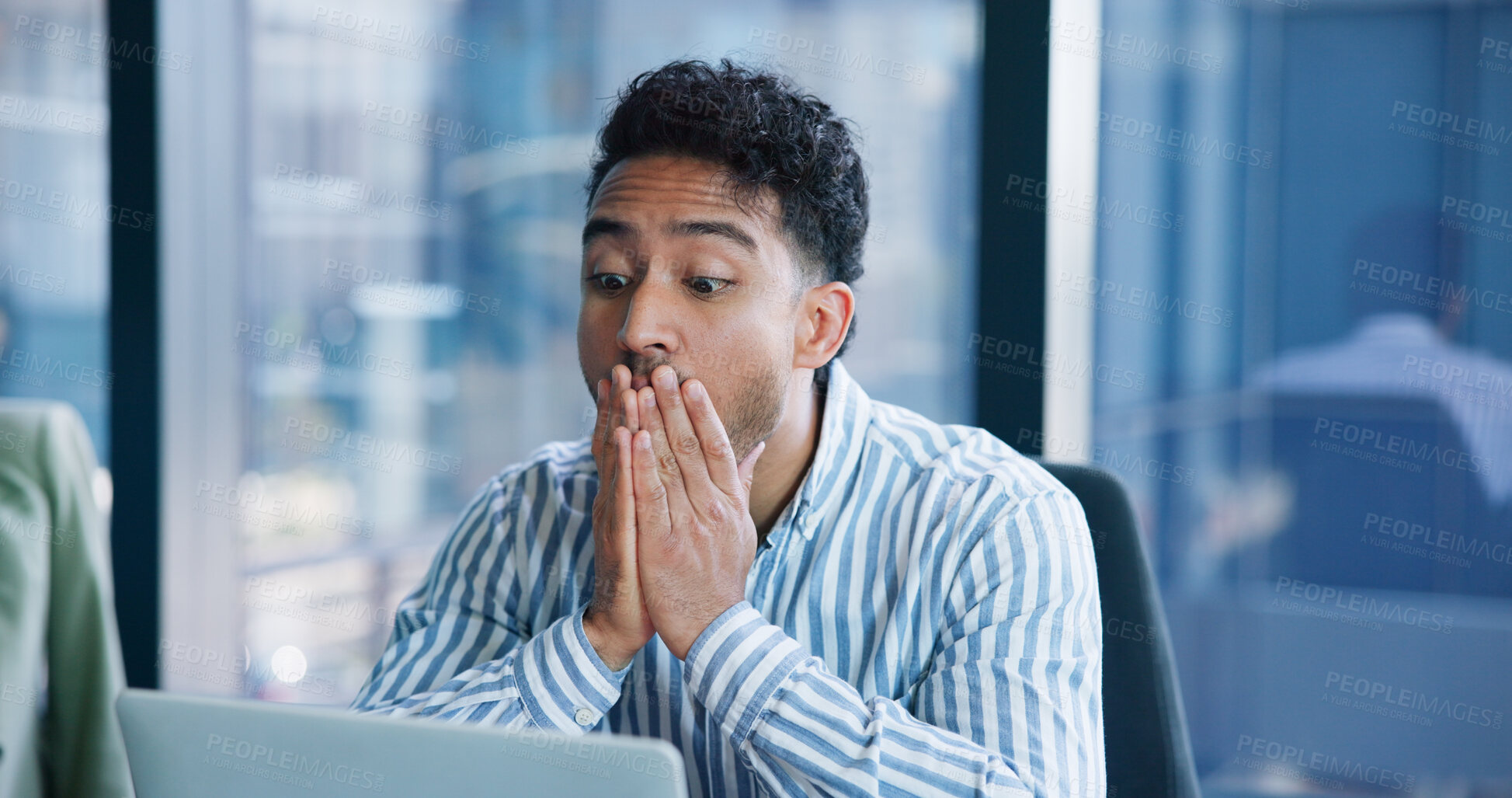 Buy stock photo Shock, worry and business man on laptop with online mistake, error and failure in office. Professional, corporate and worker with omg, stress and surprise for crisis, problem and bad news on computer