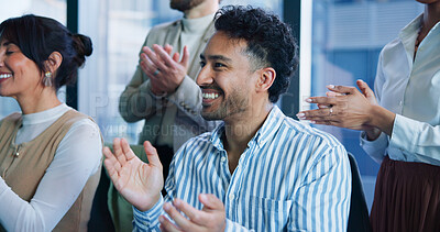 Buy stock photo Clapping hands, meeting and business people in office with good news, achievement or success. Happy, applause and team of corporate employees with celebration for collaboration project in workplace.