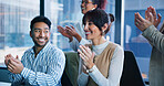 Clapping hands, discussion and business people in office with good news, achievement or success. Happy, applause and corporate employees with celebration for collaboration project in workplace.