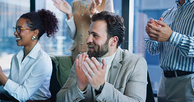Buy stock photo Applause, meeting and business people in office with good news, achievement or success. Happy, clapping hands and team of corporate employees with celebration for collaboration project in workplace.