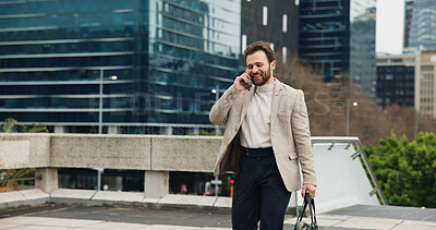 Buy stock photo Phone call, business and man in city with smile, walking and conversation for property development. Communication, happy and person in urban town with technology, investment opportunity and deal.