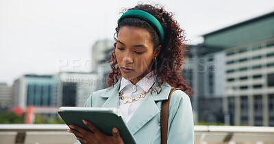 Buy stock photo Business, tablet and woman in city, internet and research for stock market exchange. Outdoor, person and employee with tech, connection and digital app for trading, email notification or website info
