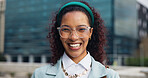 Portrait, business and woman in city, smile and pride with financial agency, travel and glasses. Outdoor, person and employee in street, eyewear and clear vision with morning commute and New York