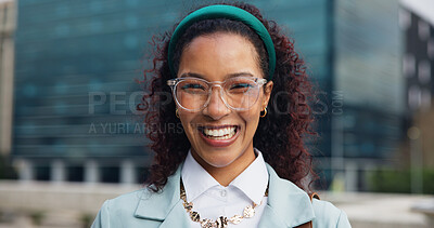 Buy stock photo Portrait, business and woman in city, smile and pride with financial agency, travel and glasses. Outdoor, person and employee in street, eyewear and clear vision with morning commute and New York