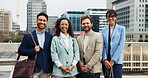 Portrait, real estate and business people in city, smile and pride with confidence, about us and diversity. Outdoor, group and employees with property management, teamwork and building development