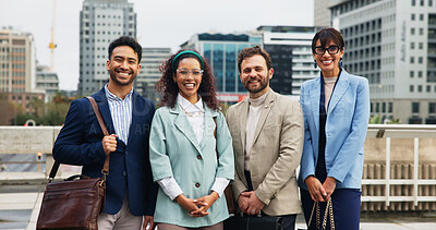 Buy stock photo Portrait, real estate and business people in city, smile and pride with confidence, about us and diversity. Outdoor, group and employees with property management, teamwork and building development